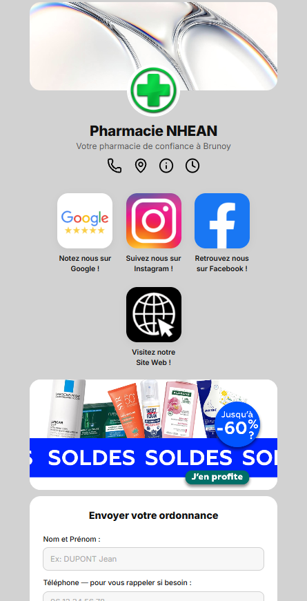 Page SwiftyPharm de la Pharmacie NHEAN vue sur mobile
